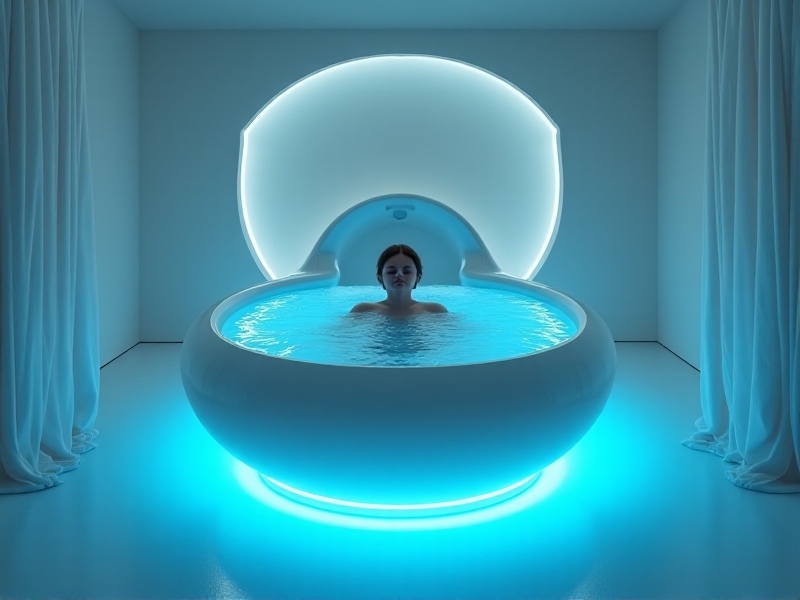 A modern sensory deprivation tank in a dimly lit room, filled with water and Epsom salts. The tank has a sleek, futuristic design with soft blue lighting creating a tranquil ambiance. The image conveys a sense of calm and introspection.