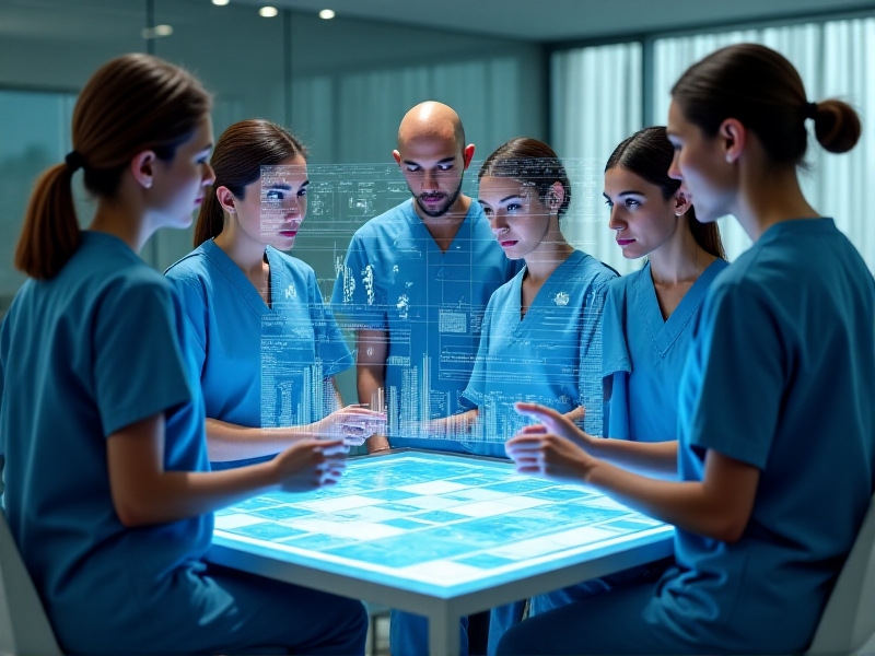 A team of medical professionals gathered around a holographic AR display, discussing patient data. The AR interface projects detailed graphs and charts in a 3D space, with team members pointing and interacting with the data.